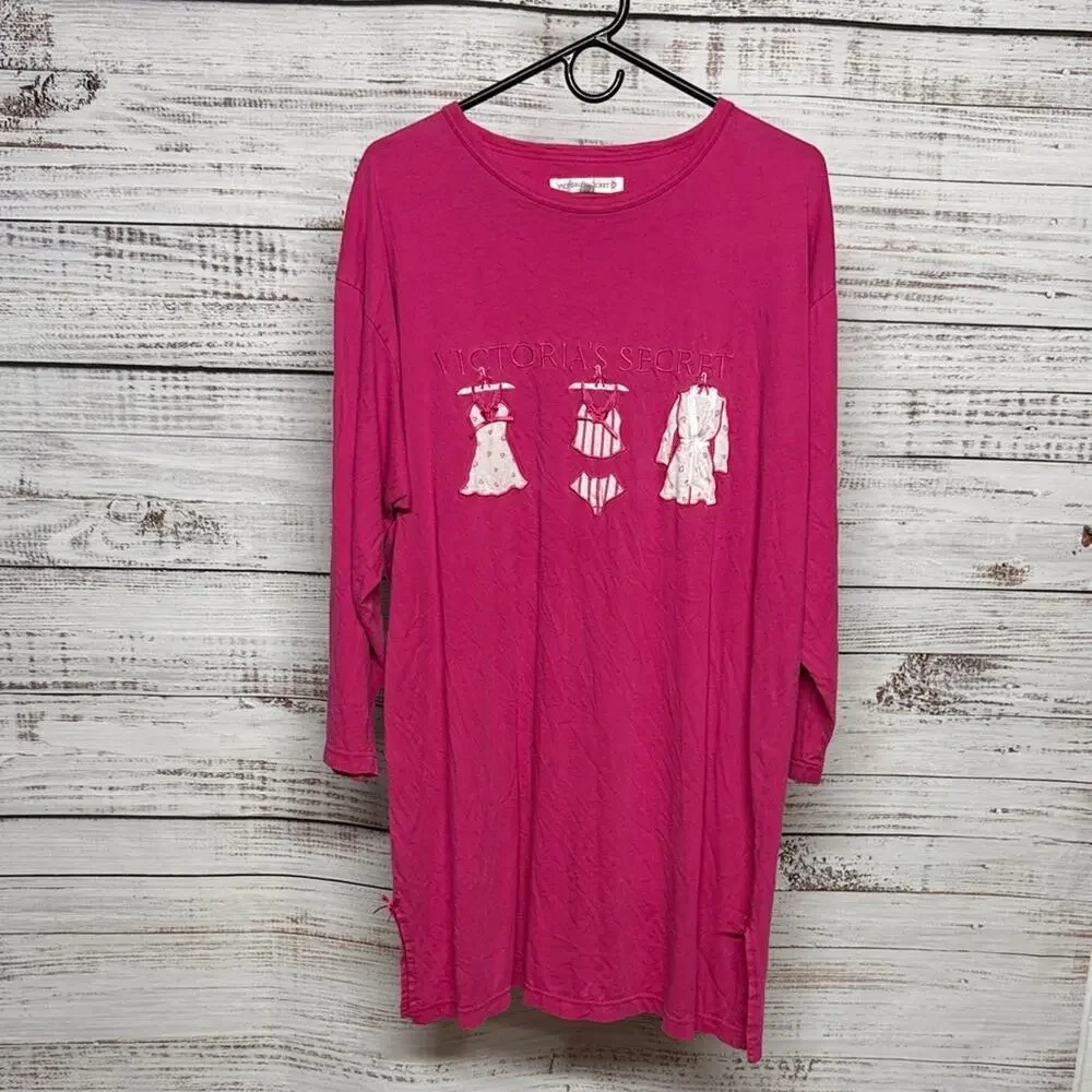 Victoria's Secret Vintage Fuchsia Pink Long Sleeve Sleepshirt Tee Medium